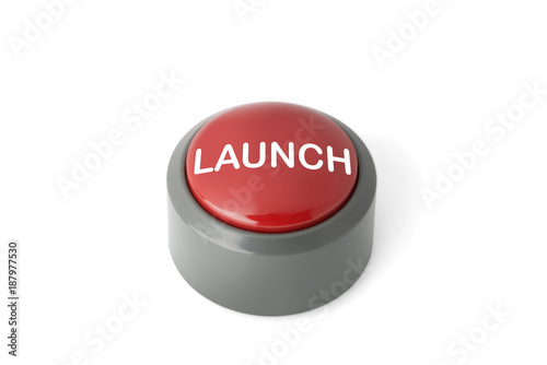 Red Circular Push Button Labeled 'Launch' on White Background
