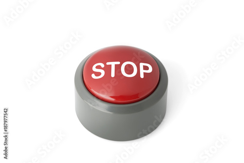 Red Circular Push Button Labeled 'Stop' on White Background