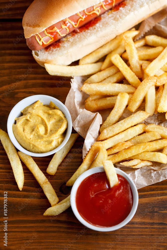 hot dog and french fries in the restaurant hot dog and french fries in the restaurant