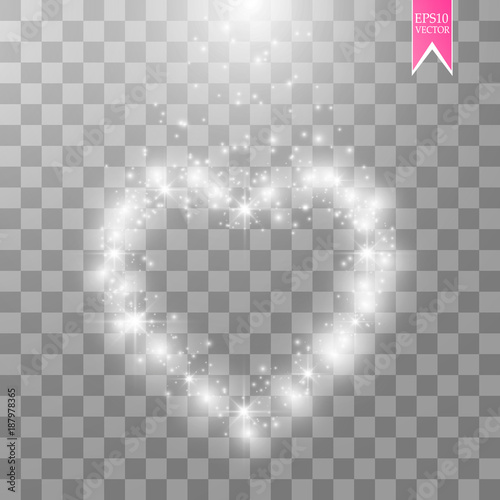 Happy Valentines Day greeting card. I Love You. 14 February. Holiday background with hearts with arrow, light, stars on transparent background. Vector Illustration
