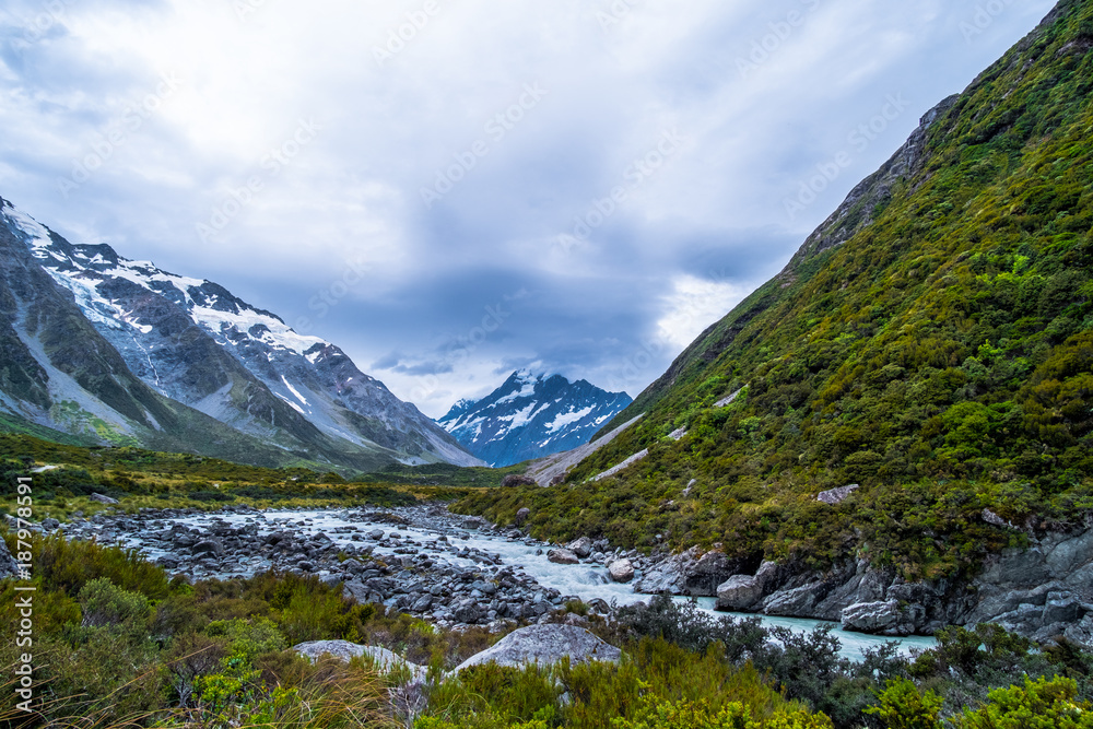 Beautiful scene of Mt Cook and environment while trek on Hook Valley Track. New Zealand.