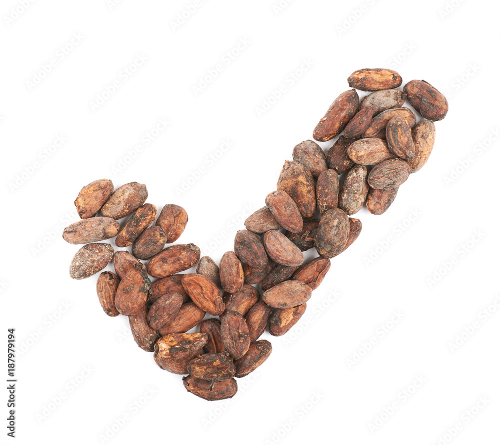 Tick sign of cocoa beans isolated Tick sign of cocoa beans isolated