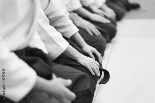 Sensei students sitting in a row on the mat at a seminar on aikido