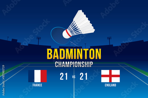 Badminton tournament design with players and scoreboard.