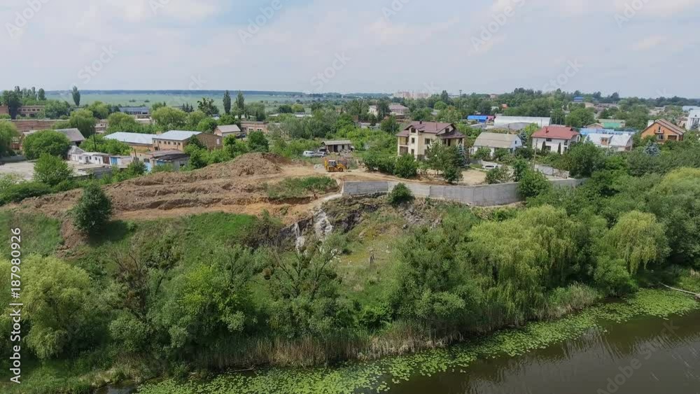 Village with forests, fields and river in sunrise soft light. . Village with forests, fields and river in sunrise soft light. .