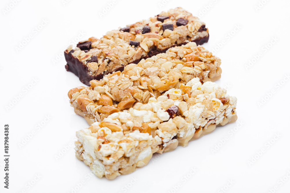 Protein cereal energy bars with nuts and caramel