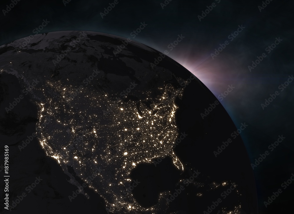 Sunrise, view of Earth from space - North America Stock Illustration ...