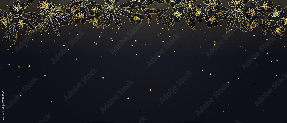 Fototapeta premium card with stylized cherry blossom . golden blossoming cherry on a dark background. springtime . panorama. Spring night in the cherry orchard. starry sky.