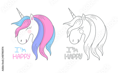 Vector happy cute unicorn isolated on white background. Head portrait horse  outline  contour. T-shirt graphic for kid s clothing. Use for print design  surface design  fashion