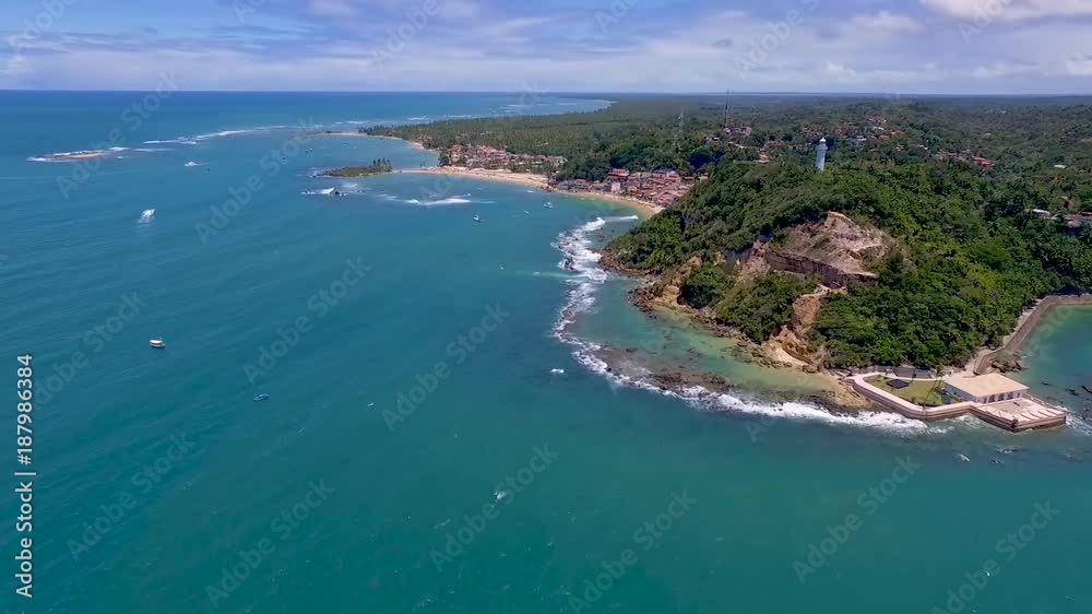 Aerial view of Morro de Sao Paulo filmed by drone Cairu, Bahia, Brazil