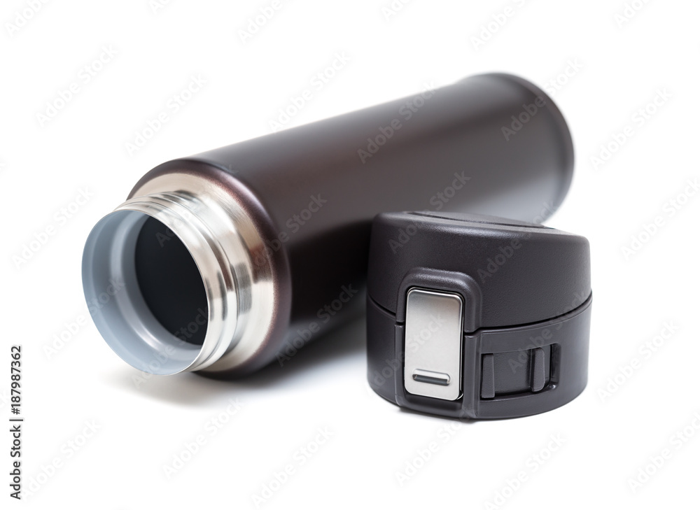 opened burgundy vacuum tumbler with safety lock on white background opened burgundy vacuum tumbler with safety lock on white background