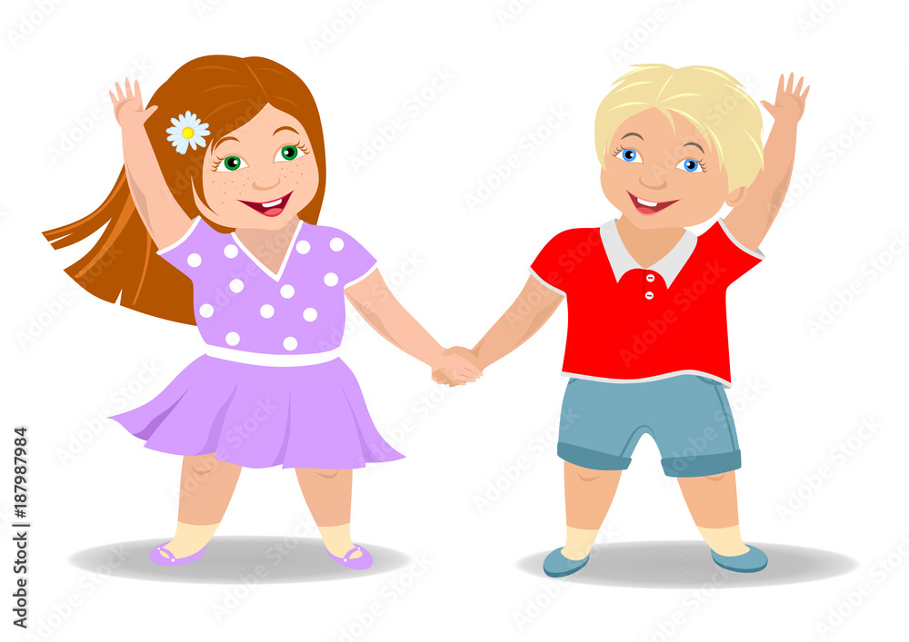 Children's friendship, boy and girl holding hand, smiling and waving