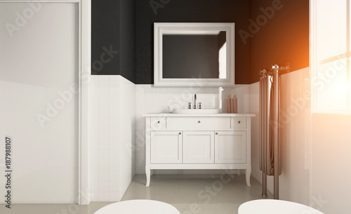 Scandinavian bathroom  classic  vintage interior design. 3D rendering. Sunset.