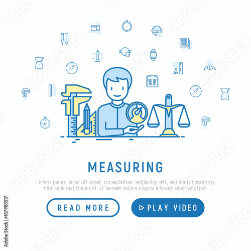 Measuring concept with thin line icons: stopwatch, weight scales, speedometer, smart watch, brass scales, thermometer. Modern vector illustration, web page template.