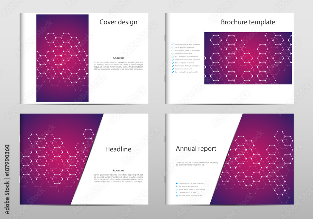 Rectangle brochure template layout, cover, annual report, magazine in A4 size with molecule dna structure. Geometric abstract background. Vector illustration.