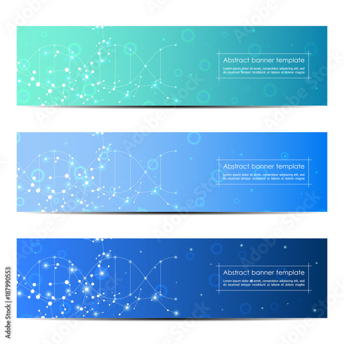 Set of abstract banner design, dna molecule structure background. Geometric graphics and connected lines with dots. Scientific and technological concept, vector illustration.
