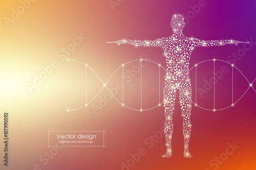 Vector human body with molecules DNA. Medicine, science and technology concept.