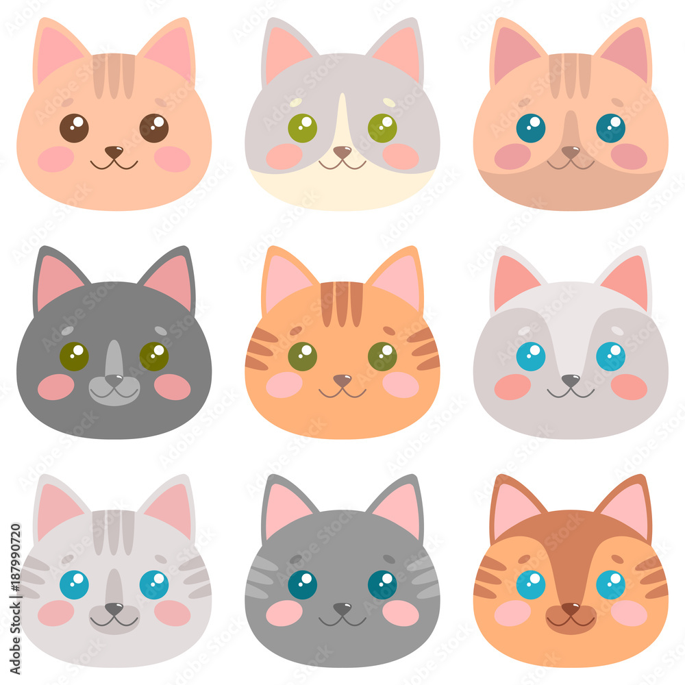 Cute cat faces set. Vector illustration