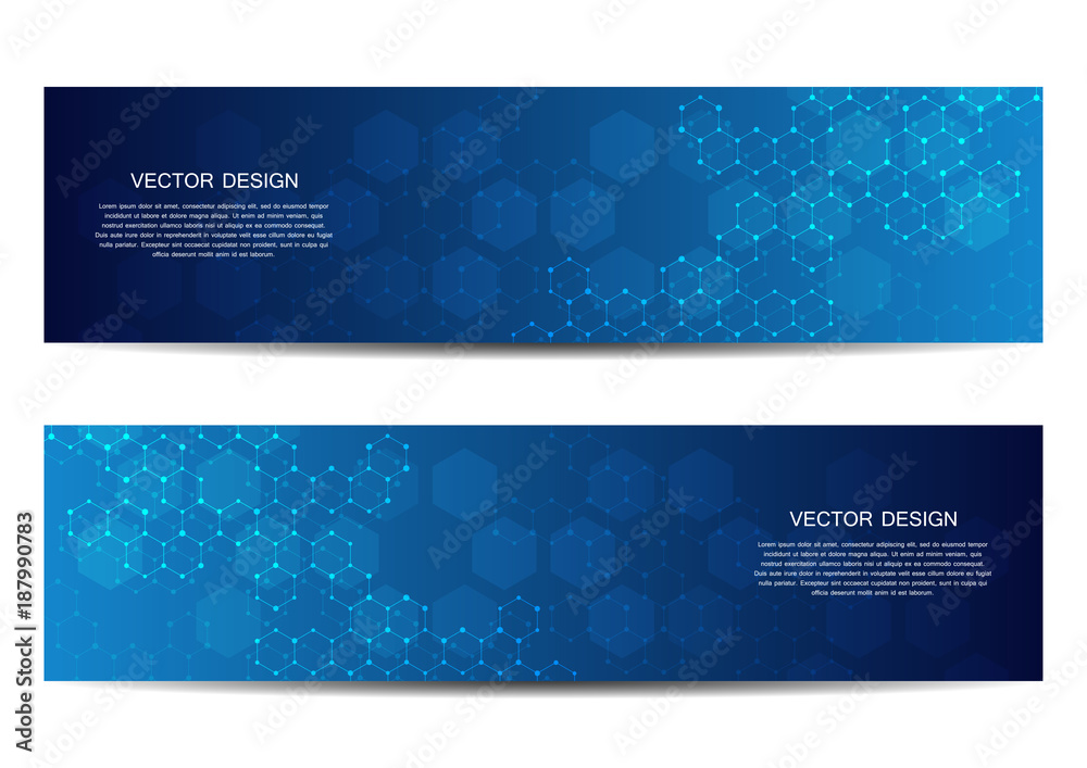 Technological and scientific banners with hexagonal molecule dna. Polygonal abstract background. Science, technology or medical concept. Vector illustration.
