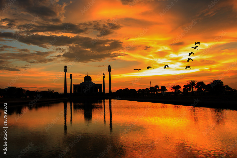 Fototapeta premium Landscape with mosque in Thailand,beautiful sunset before storm