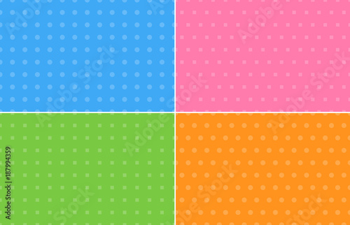 Four abstract backgrounds in pastel colors with samples of dots and squares, modern vector illustration