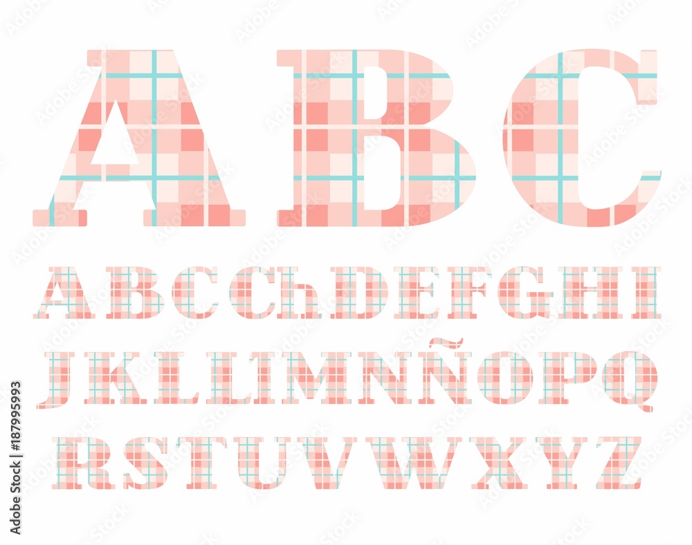 Spanish alphabet, font, plaid, pink, vector. Uppercase letters of the Spanish alphabet. Letters with serifs. Checkered vector font. Pink squares and a thin turquoise line.  