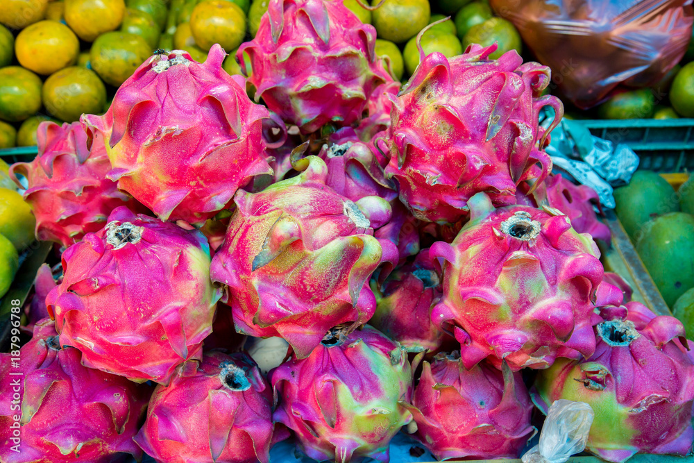 Dragon fruits on the market on Java, Indonesia