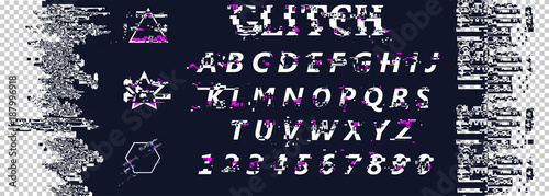 Glitch distortion typeface. Letters and numbers.Set of abstract design background in modern distorted glitch style. Trendy templates for cover posters, banners, flyers, placards, pictures. 