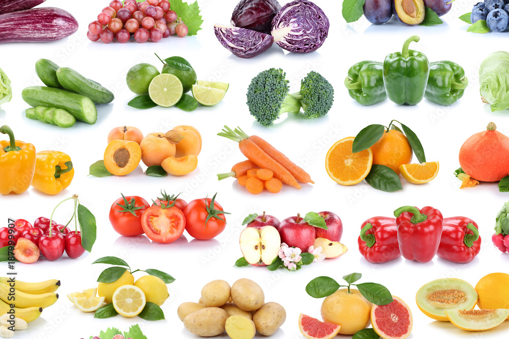 Obst und Gemüse Früchte Hintergrund Apfel Tomaten Zitronen Orangen Beeren Salat Farben Collage Freisteller freigestellt isoliert