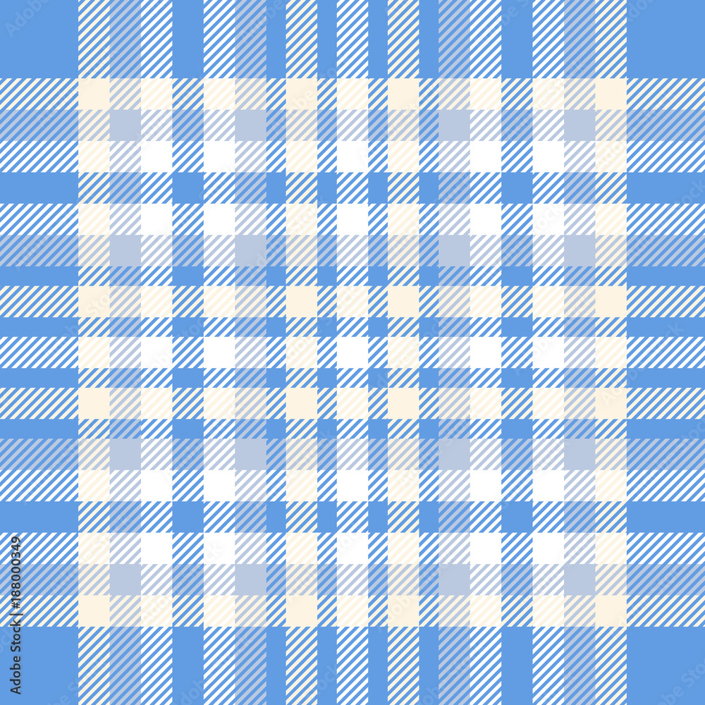 Plaid check pattern in blue, pale beige and white. Seamless fabric texture for digital textile printing. Plaid check pattern in blue, pale beige and white. Seamless fabric texture for digital textile printing.