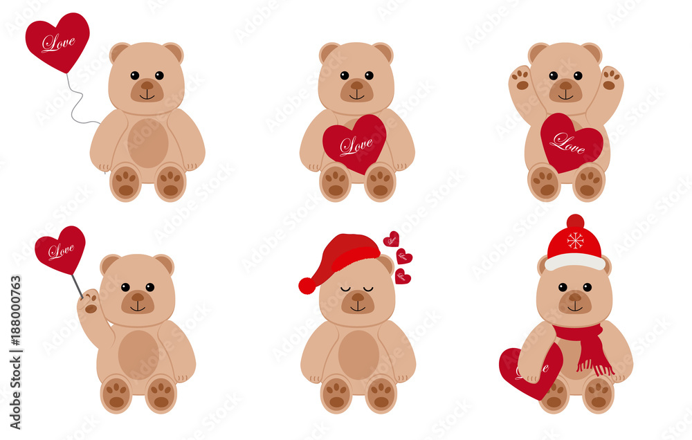 Set of teddy bears with red hearts