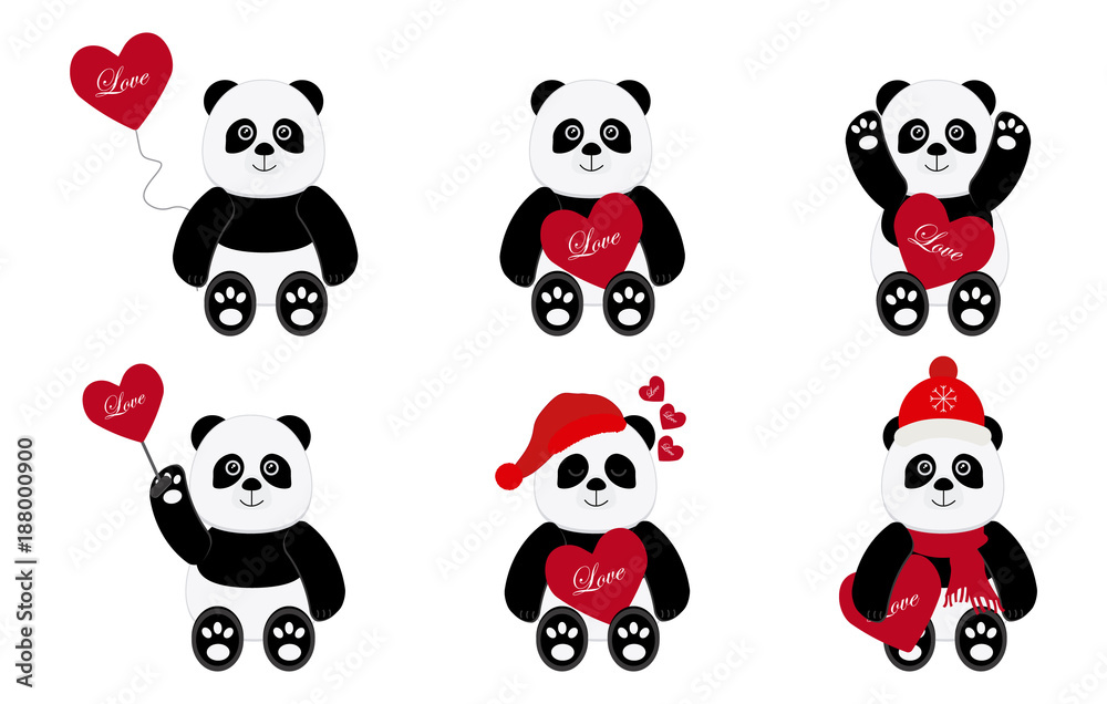 Set of panda bears with red hearts Set of panda bears with red hearts