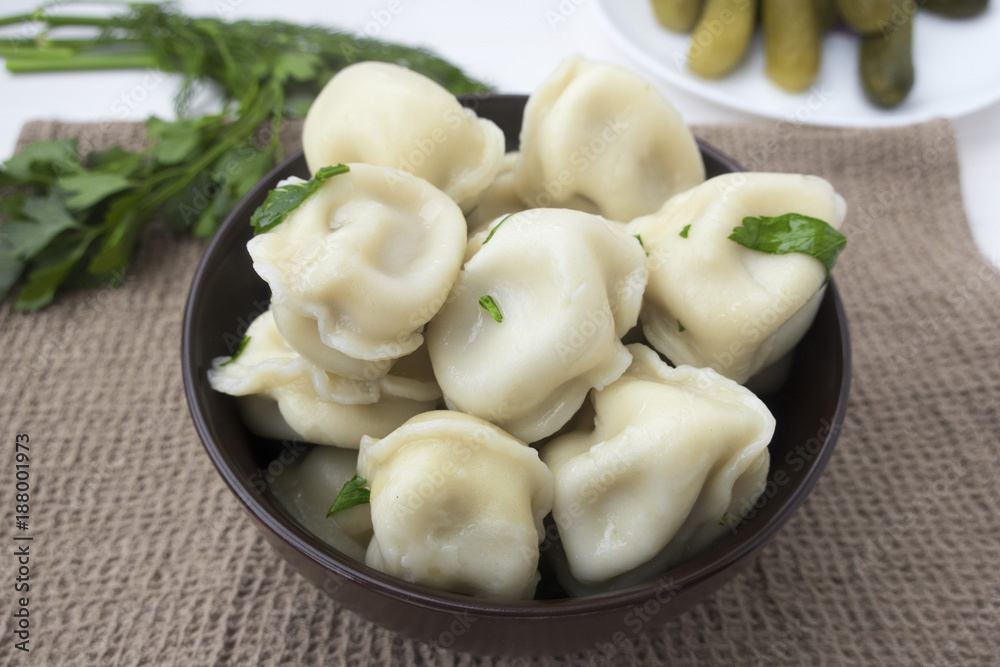 Appetizing dumplings with meat, parsley and pickled cucumbers in the background.