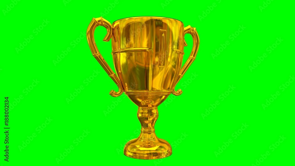 Animated plain simple shinning gold trophy with handles spinning against green background. Isolated and loop able. Animated plain simple shinning gold trophy with handles spinning against green background. Isolated and loop able.