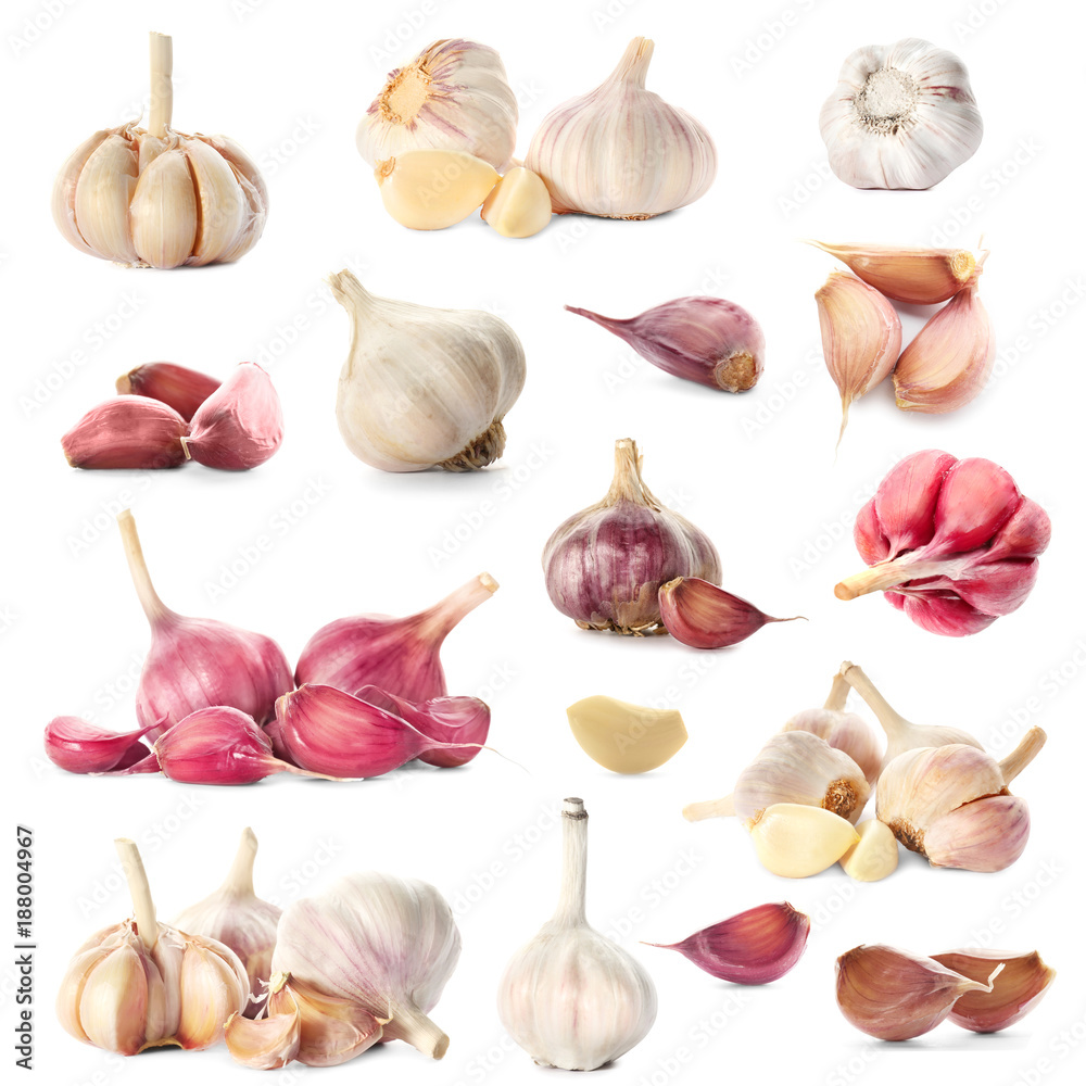 Set with raw fresh garlic on white background Set with raw fresh garlic on white background
