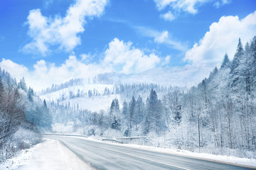 Country road in snowy winter day