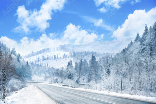 Country road in snowy winter day