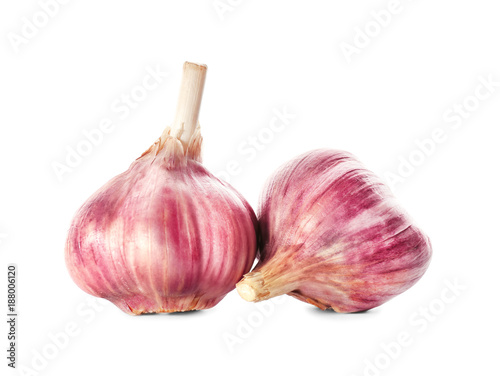 Fresh garlic heads on white background