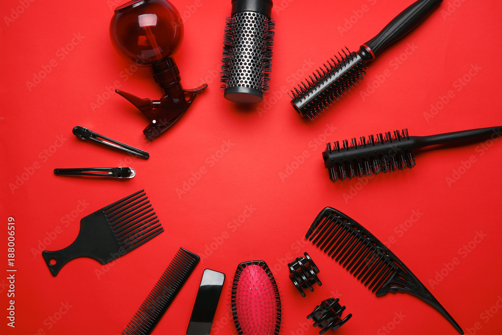 Professional hairdresser set on color background Professional hairdresser set on color background