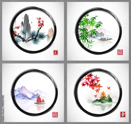 Obraz na płótnie Cztery ilustracji z górami i drzewami w tradycyjnym orientalnym malarstwie atramentowym sumi-e, u-sin, go-hua w czarnym kręgu enso zen. Zawiera hieroglify - szczęście, błogosławieństwo