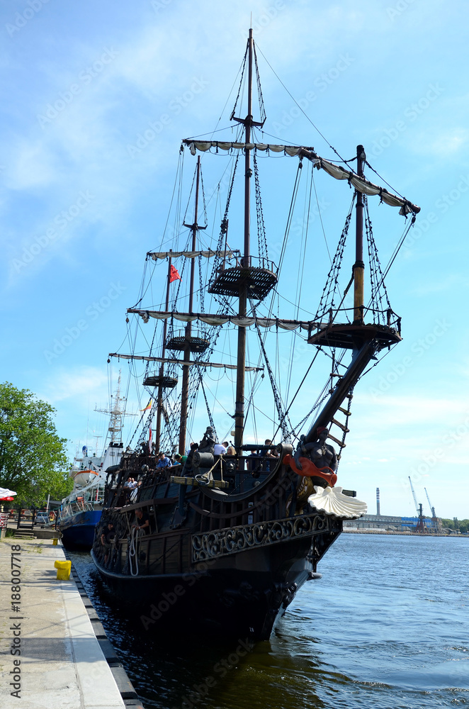 Replica of a pirate ship by the shore
