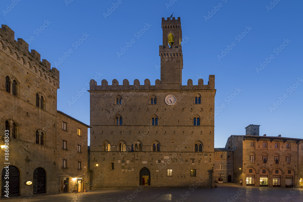 Priori Palace and square in the blue hour, Volterra, Pisa, Tuscany, Italy