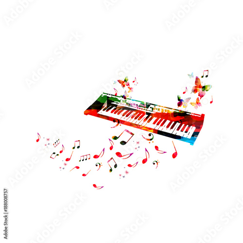 Music poster with colorful piano keyboard and music notes isolated vector illustration design