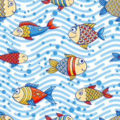 Papier peint photo Vagues de la mer patrons Poissons cartoon motif marin enfantin  © Tamiris