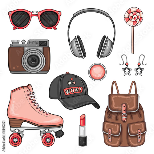 Patches set with roller skates, cap, photo camera and headphones