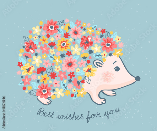 Birthday illustration of hedgehog with flowers