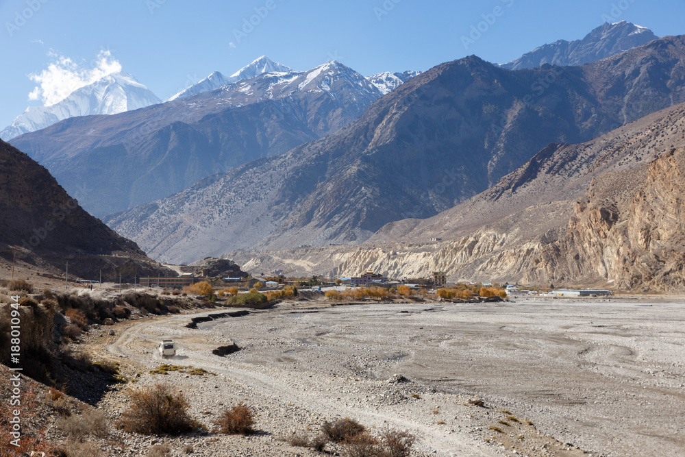 View of the Himalayas and the town of Jomsom