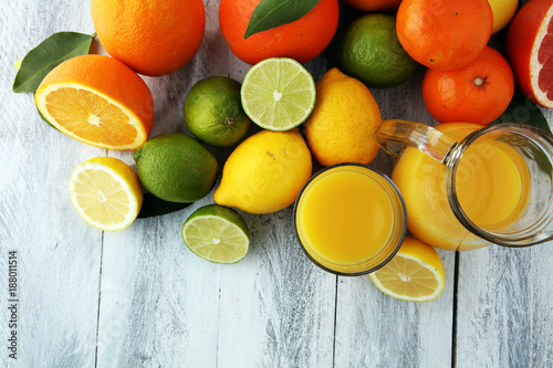 Citrus background. Assorted fresh citrus fruit. Lemon, orange lime, grapefruit. Fresh and colorful concept. © beats_