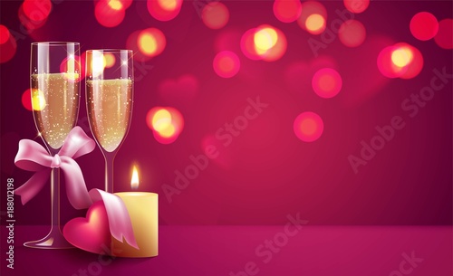 Two glasses of champagne with burning candle on pink background. Beautiful romantic background with place for text for Valentines day. Vetor illustration