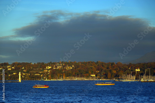 Cityscape of Geneva city on Rhone river in autumn season